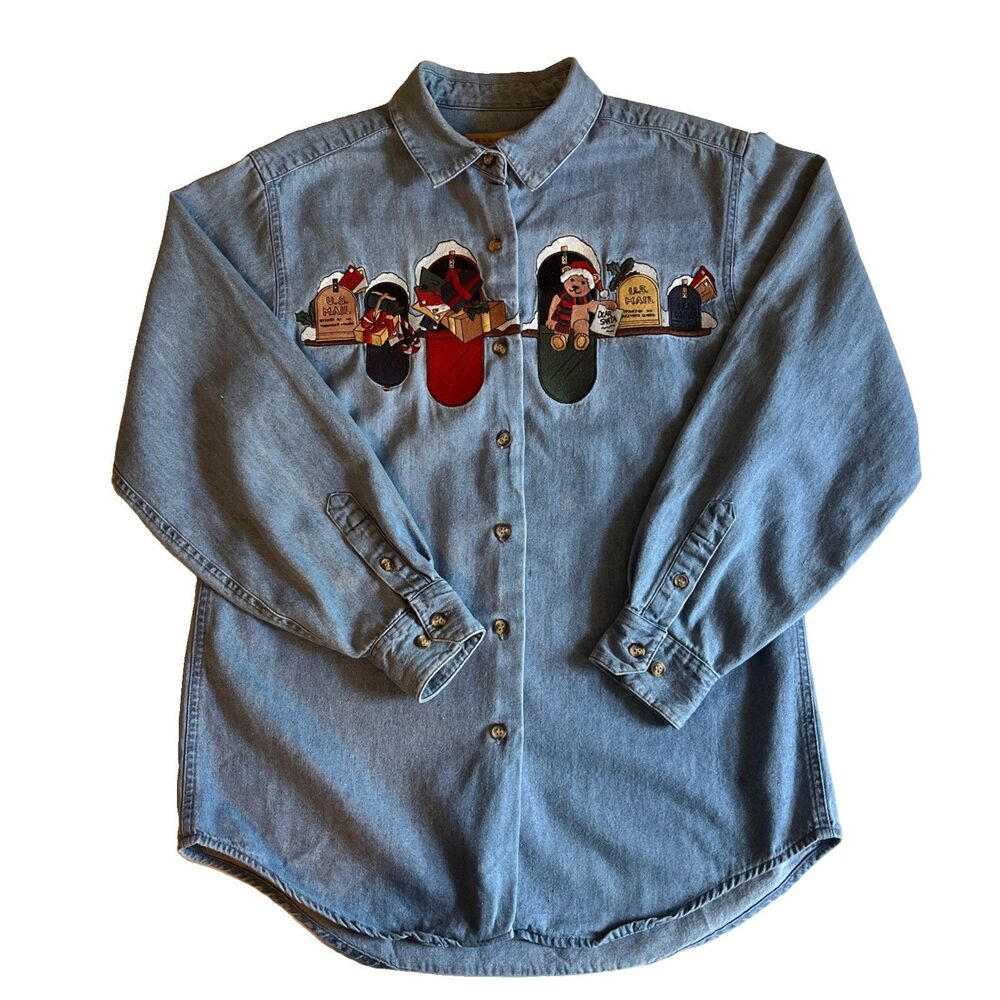 Vintage Telluride Christmas Denim Shirt Women’s S Blue Button LS Mailbox Bear VG